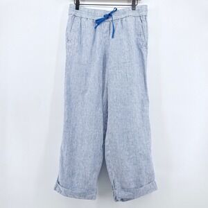 Talbots Medium Blue White Stripe Linen Wide Leg Ankle Pants Drawstring Cuffed‎
